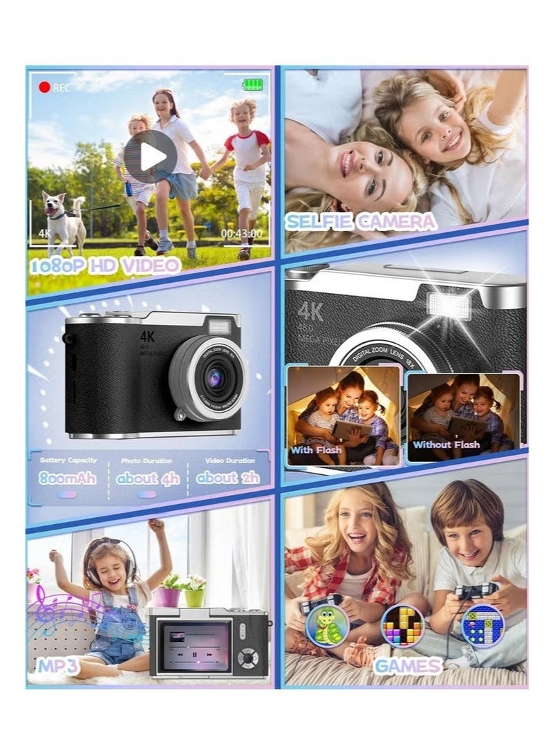 كاميرا رقمية محمولة بدقة 48 ميجابكسل مزودة بتقريب رقمي CCD بدقة 4K، وكاميرا سيلفي بشاشة قابلة للطي 180 درجة، مع بطاقة ذاكرة SD سعة 128 جيجابايت. - Image 5